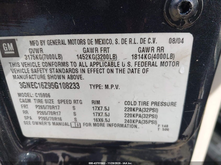 2005 Chevrolet Suburban 1500 Lt VIN: 3GNEC16Z95G108233 Lot: 43701983