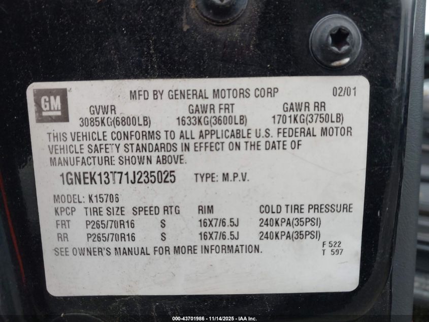 2001 Chevrolet Tahoe Lt VIN: 1GNEK13T71J235025 Lot: 43701986