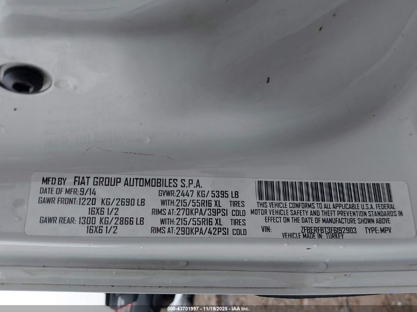 2015 Ram Promaster City Tradesman Slt VIN: ZFBERFBT3F6192903 Lot: 43701997