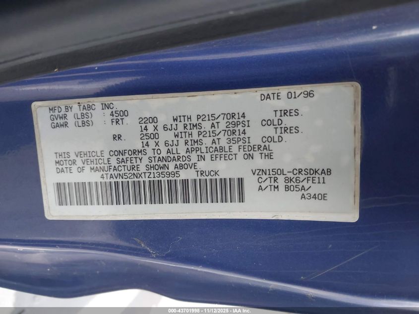 1996 Toyota Tacoma Xtracab VIN: 4TAVN52NXTZ135995 Lot: 43701998