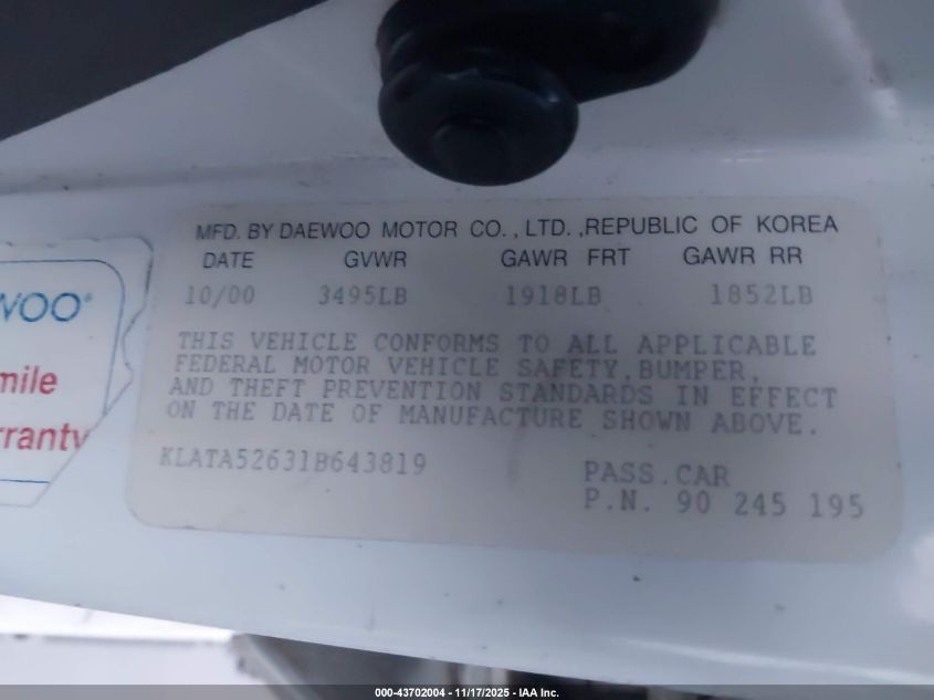 2001 Daewoo Lanos S VIN: KLATA52631B643819 Lot: 43702004