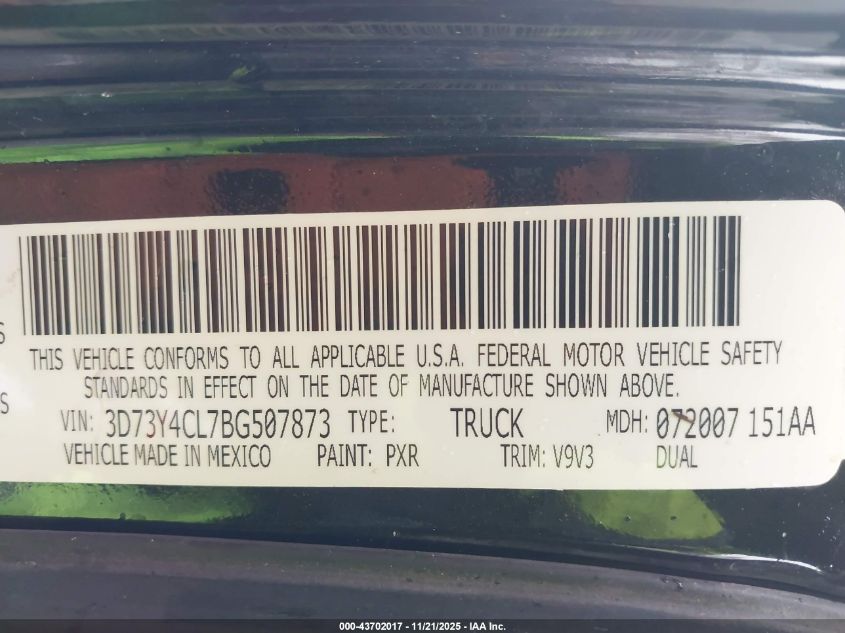 2011 Ram Ram 3500 St VIN: 3D73Y4CL7BG507873 Lot: 43702017