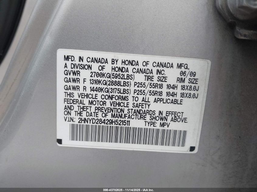 2009 Acura Mdx Technology Package VIN: 2HNYD28429H521511 Lot: 43702025