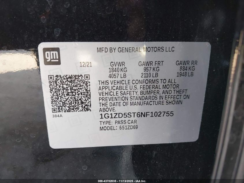 2022 Chevrolet Malibu Fwd Lt VIN: 1G1ZD5ST6NF102755 Lot: 43702035