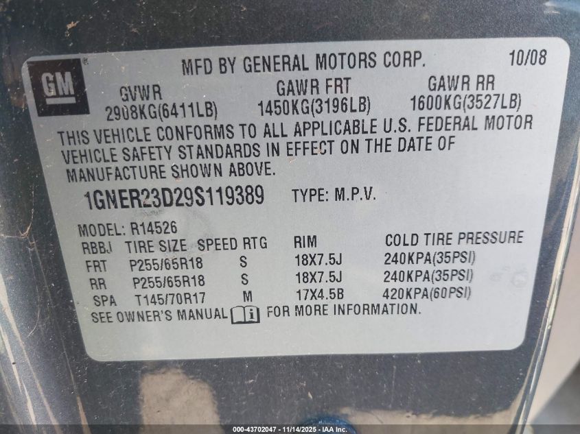 2009 Chevrolet Traverse Lt VIN: 1GNER23D29S119389 Lot: 43702047