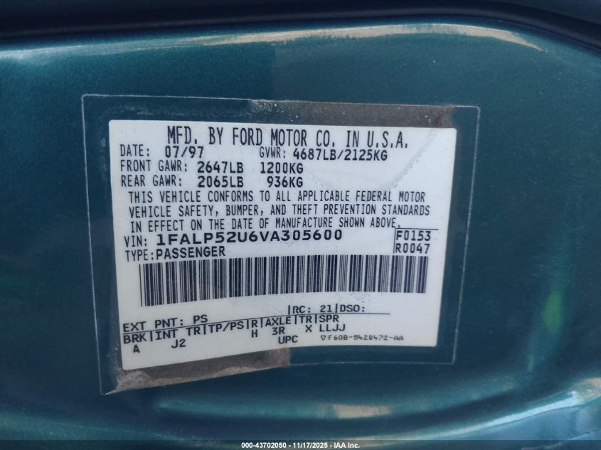 1997 Ford Taurus Gl VIN: 1FALP52U6VA305600 Lot: 43702050