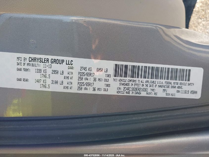 2014 Chrysler Town & Country Touring VIN: 2C4RC1BG9ER216361 Lot: 43702056