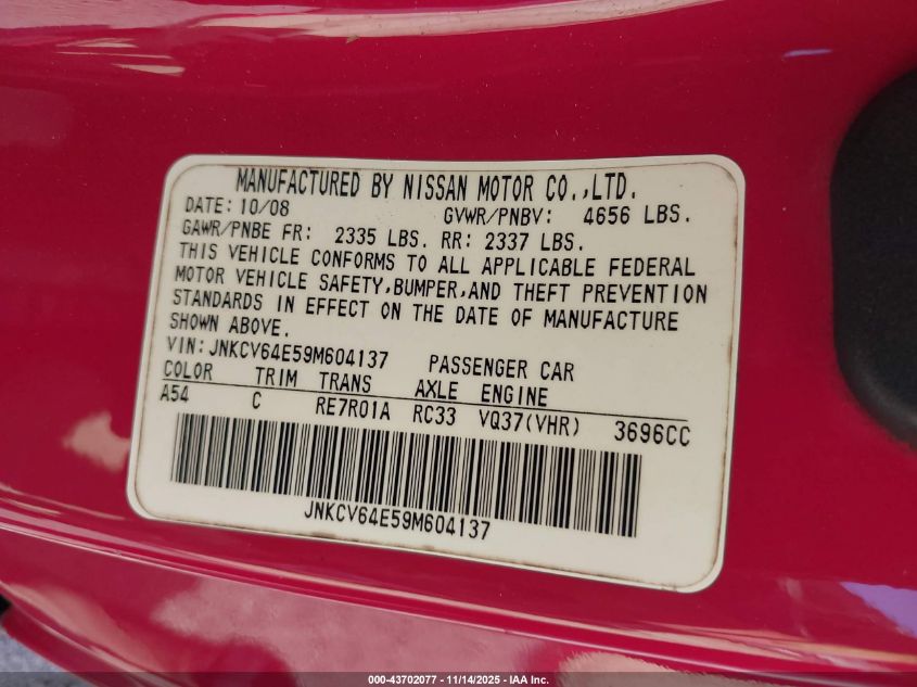 2009 Infiniti G37 Journey VIN: JNKCV64E59M604137 Lot: 43702077