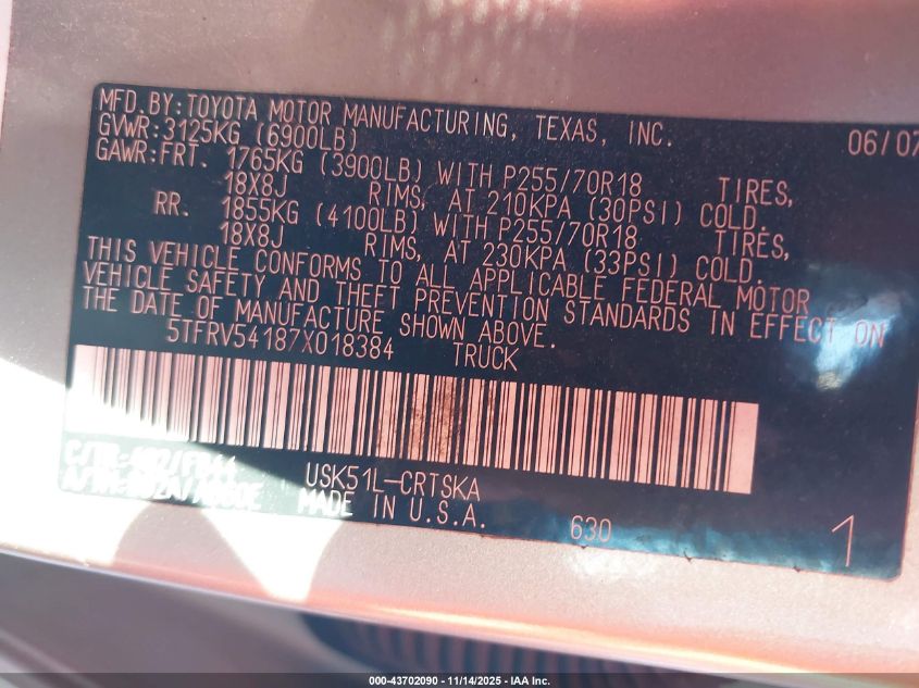 2007 Toyota Tundra Sr5 V8 VIN: 5TFRV54187X018384 Lot: 43702090