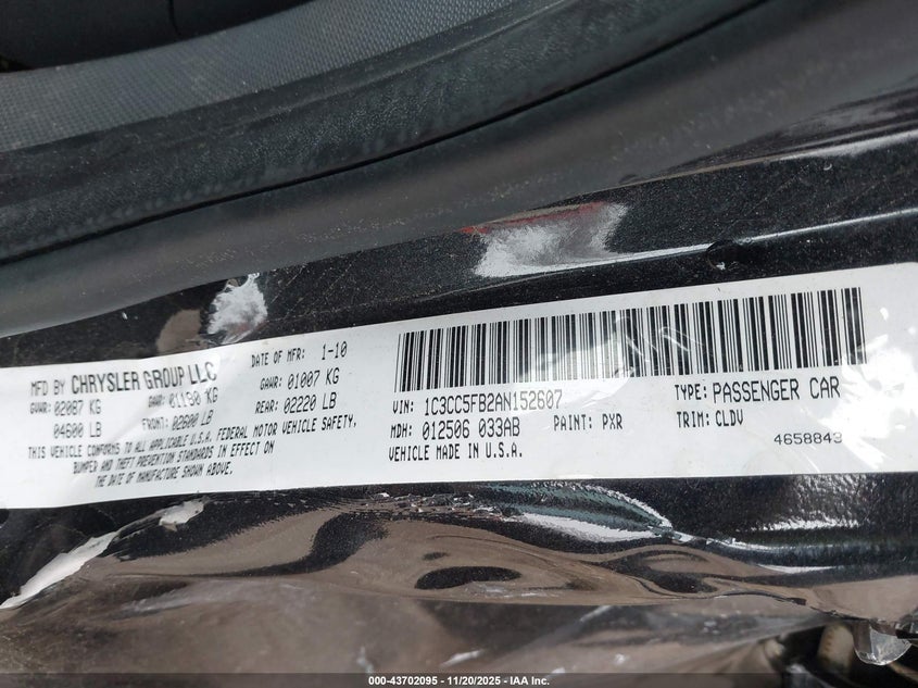 2010 Chrysler Sebring Limited VIN: 1C3CC5FB2AN152607 Lot: 43702095