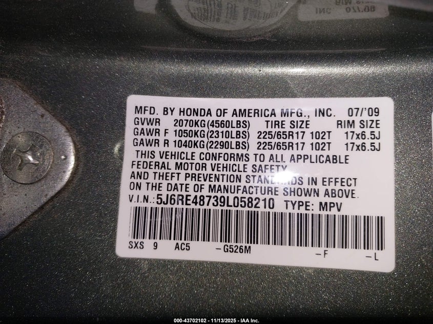 2009 Honda Cr-V Ex-L VIN: 5J6RE48739L058210 Lot: 43702102