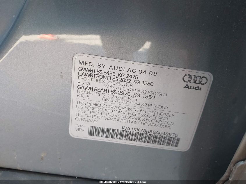 2009 Audi Q5 3.2 Premium VIN: WA1KK78R89A048975 Lot: 43702109