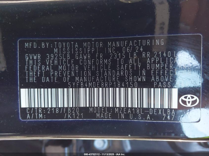 2024 Toyota Corolla Le VIN: 5YFB4MDE8RP184150 Lot: 43702112