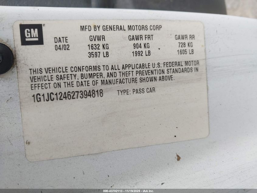 2002 Chevrolet Cavalier VIN: 1G1JC124627394818 Lot: 43702113