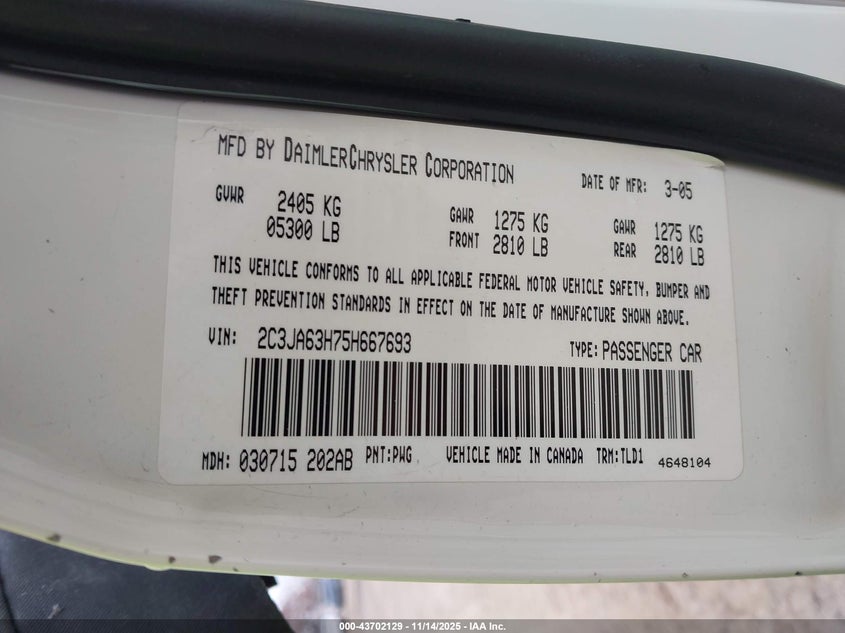 2005 Chrysler 300C VIN: 2C3JA63H75H667693 Lot: 43702129