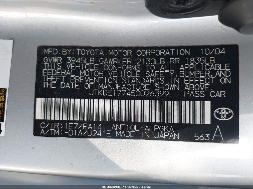 2005 Scion Tc VIN: JTKDE177450026399 Lot: 43702138