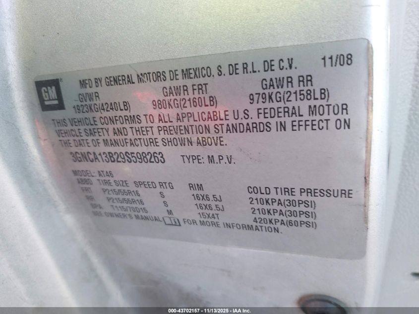 2009 Chevrolet Hhr Ls VIN: 3GNCA13B29S598263 Lot: 43702157