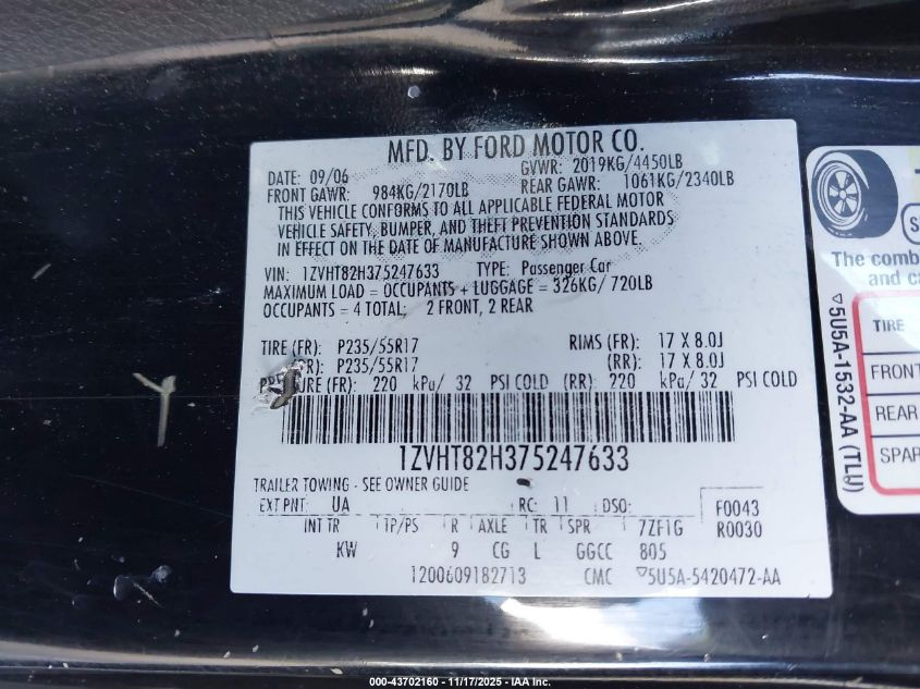 2007 Ford Mustang Gt Deluxe/Gt Premium VIN: 1ZVHT82H375247633 Lot: 43702160