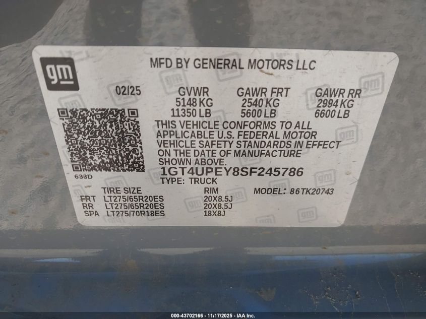 2025 GMC Sierra 2500Hd 4Wd Standard Bed At4 VIN: 1GT4UPEY8SF245786 Lot: 43702166