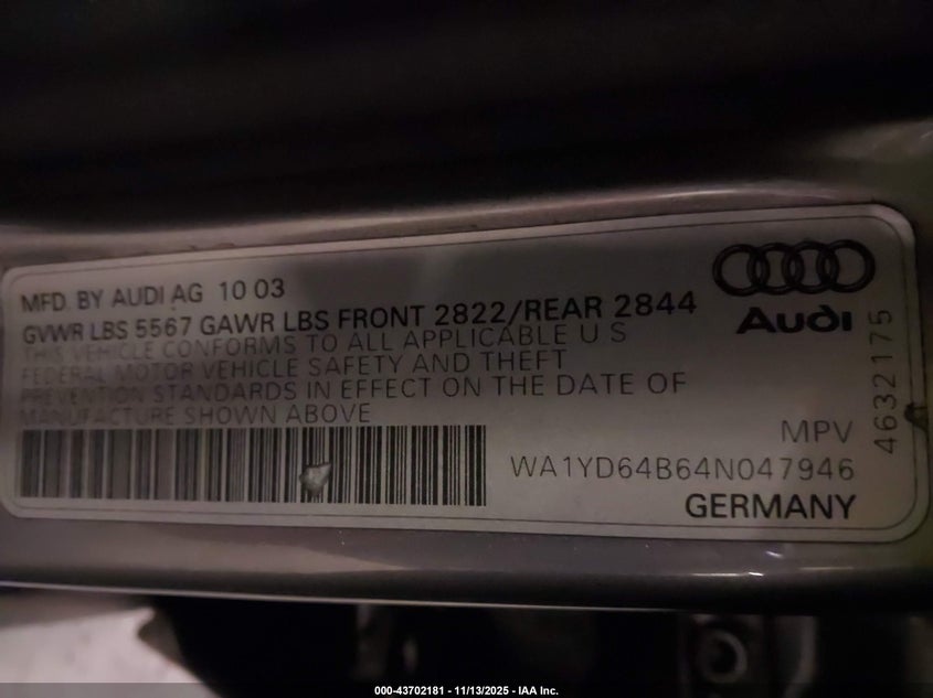 2004 Audi Allroad 2.7T VIN: WA1YD64B64N047946 Lot: 43702181