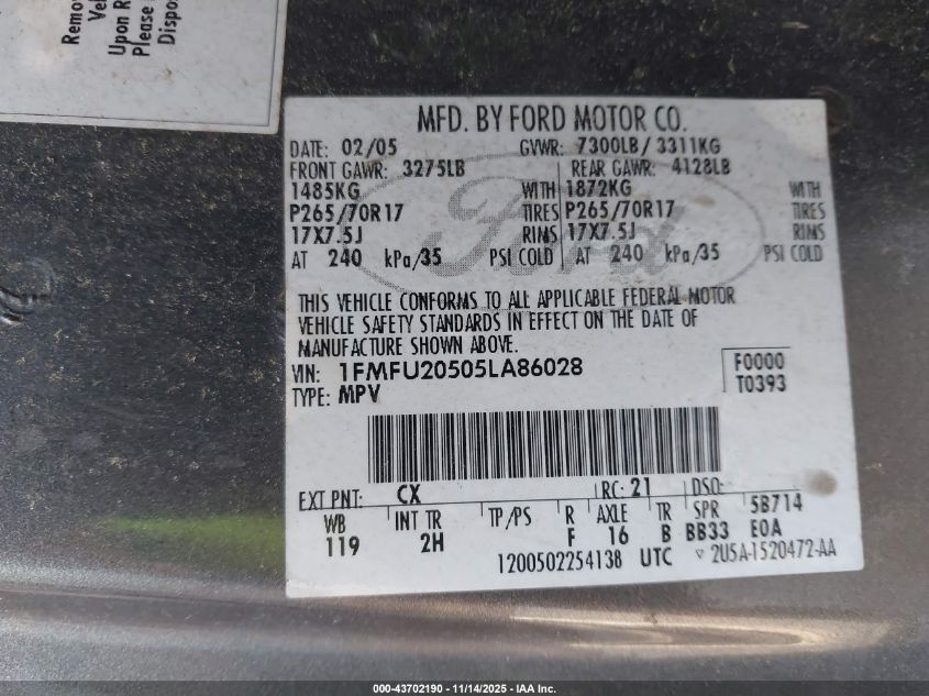 2005 Ford Expedition Limited VIN: 1FMFU20505LA86028 Lot: 43702190