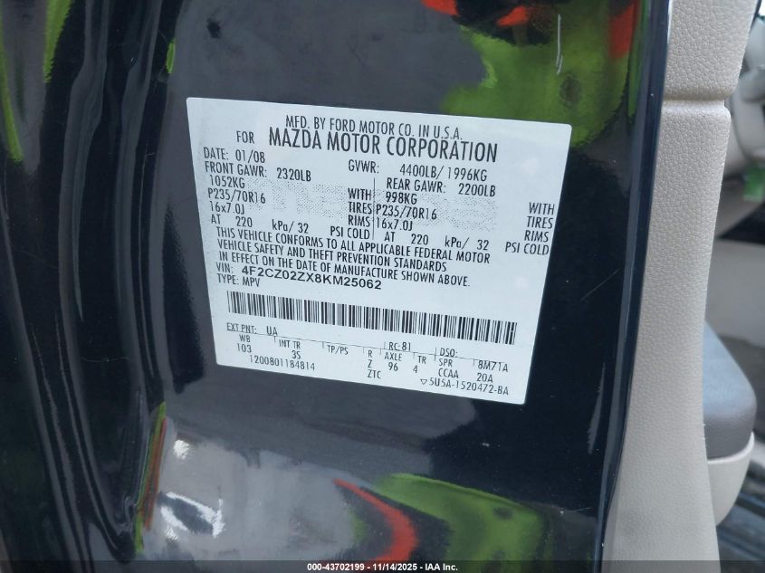 2008 Mazda Tribute I Touring VIN: 4F2CZ02ZX8KM25062 Lot: 43702199