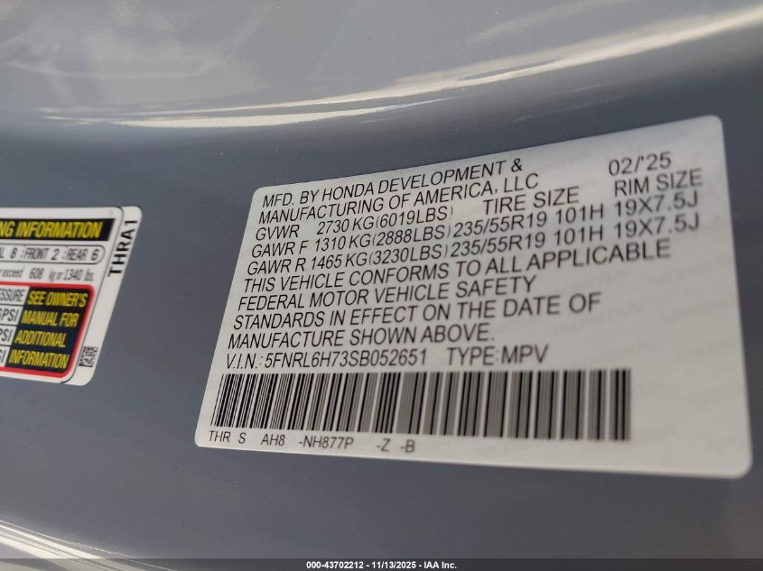 2025 Honda Odyssey Sport-L VIN: 5FNRL6H73SB052651 Lot: 43702212