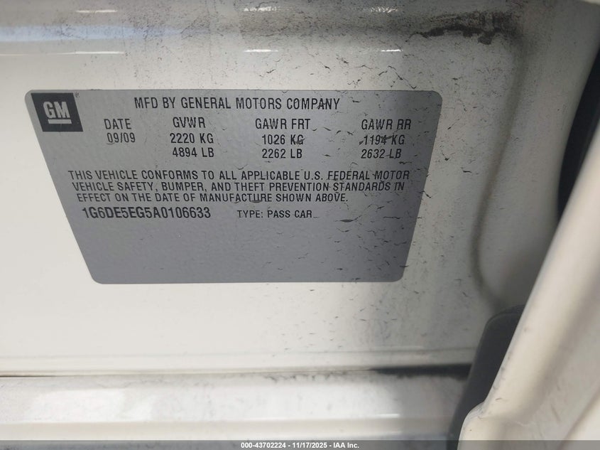 2010 Cadillac Cts Luxury VIN: 1G6DE5EG5A0106633 Lot: 43702224