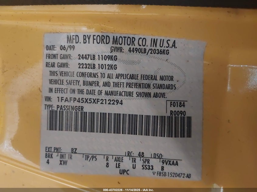 1999 Ford Mustang Gt VIN: 1FAFP45X5XF212294 Lot: 43702226