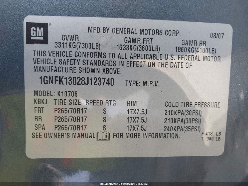 2008 Chevrolet Tahoe Lt VIN: 1GNFK13028J123740 Lot: 43702233