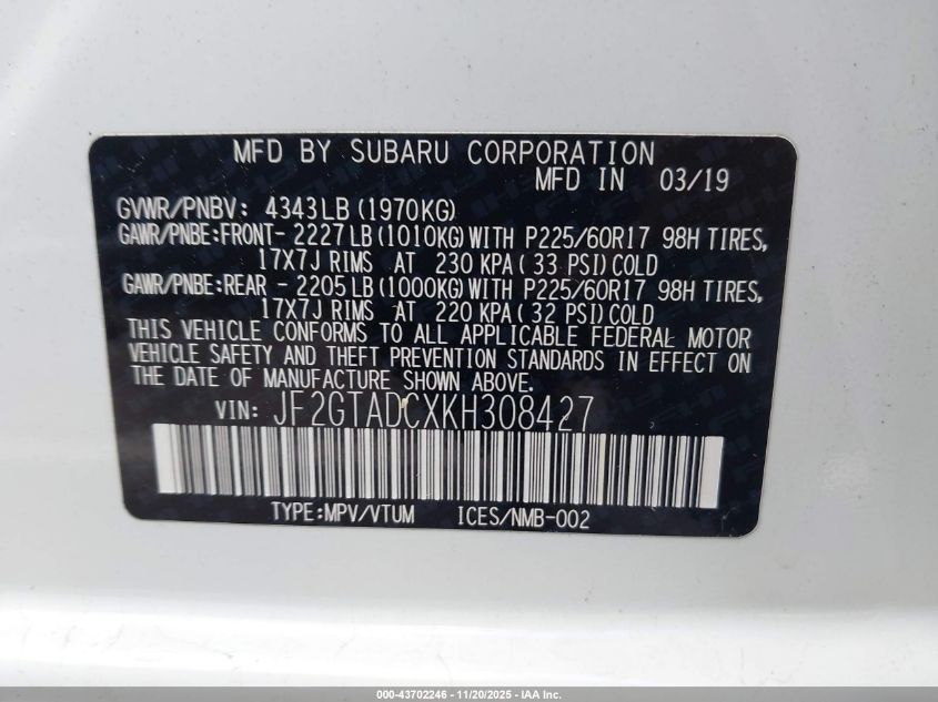 2019 Subaru Crosstrek VIN: JF2DTAACXKH308427 Lot: 43702246