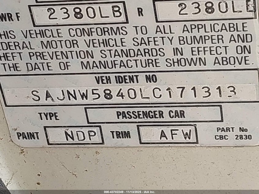 1990 Jaguar Xjs VIN: SAJNW5840LC171313 Lot: 43702249