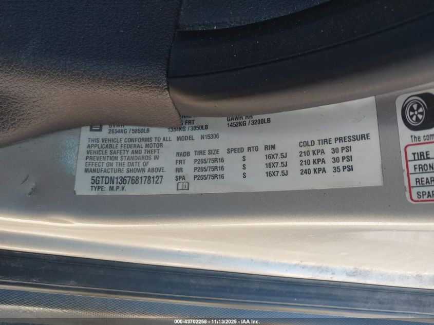 2006 Hummer H3 Suv VIN: 5GTDN136768178127 Lot: 43702258