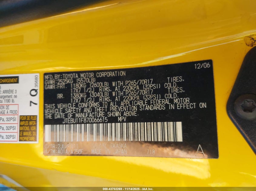 2007 Toyota Fj Cruiser VIN: JTEBU11F870066615 Lot: 43702269