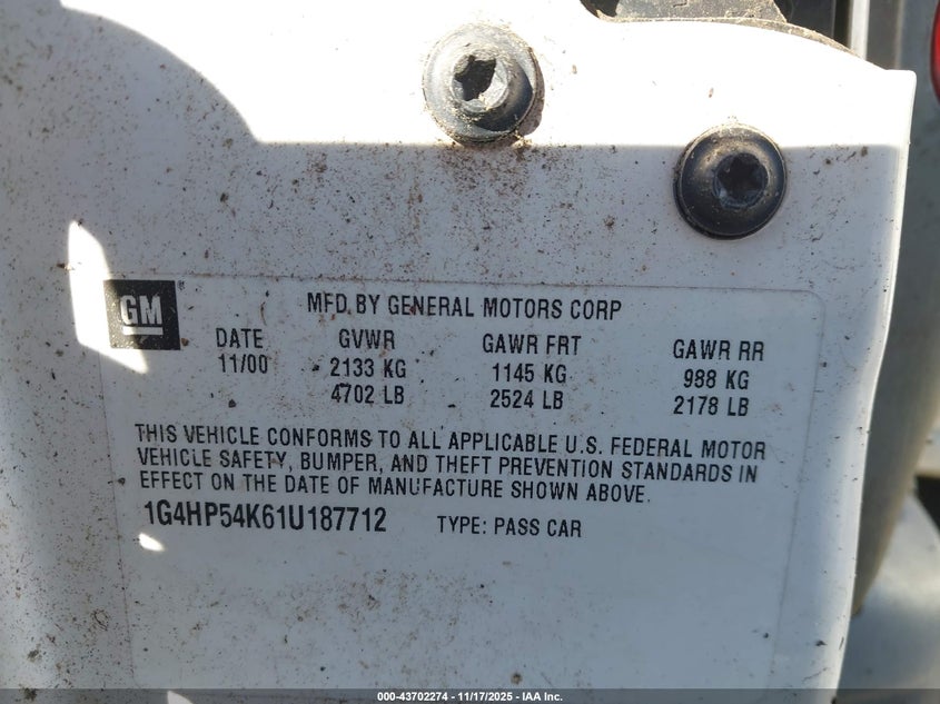 2001 Buick Lesabre Custom VIN: 1G4HP54K61U187712 Lot: 43702274