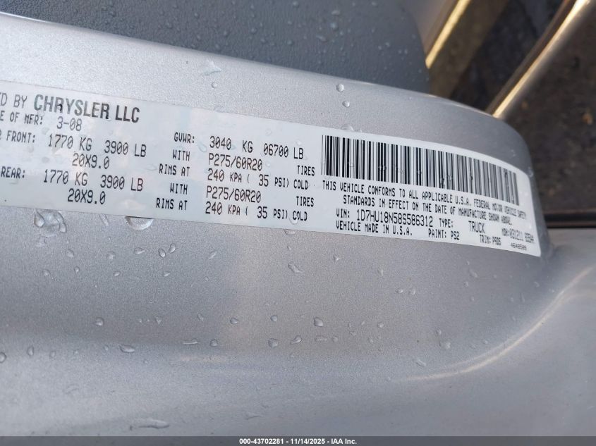 2008 Dodge Ram 1500 Slt VIN: 1D7HU18N58S586312 Lot: 43702281