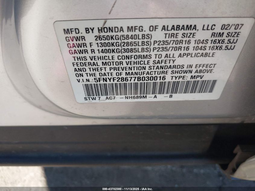 2007 Honda Pilot Ex-L VIN: 5FNYF28677B030016 Lot: 43702300
