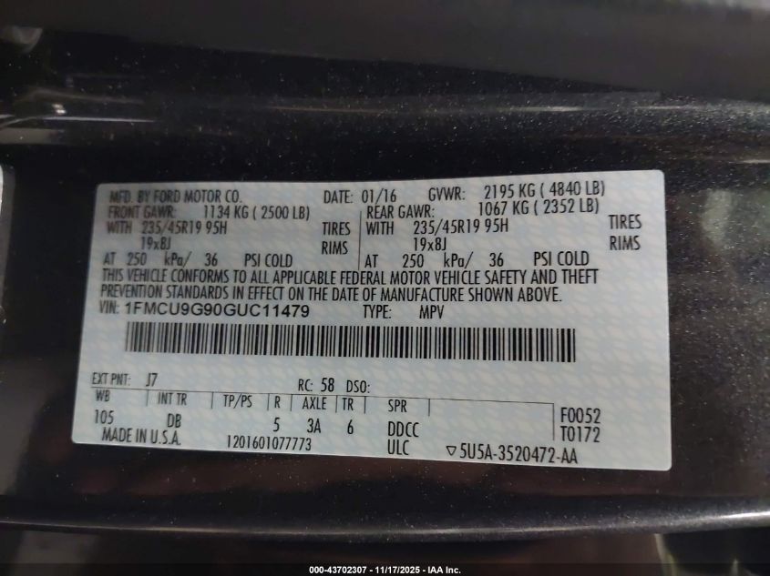 2016 Ford Escape Se VIN: 1FMCU9G90GUC11479 Lot: 43702307