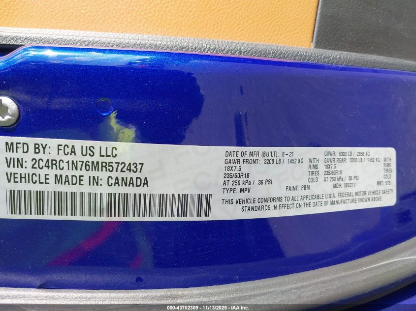 2021 Chrysler Pacifica Hybrid Pinnacle VIN: 2C4RC1N76MR572437 Lot: 43702309