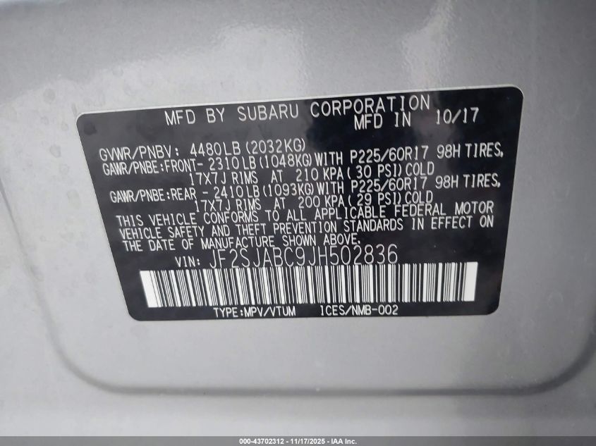 2018 Subaru Forester 2.5I VIN: JF2SJABC9JH502836 Lot: 43702312