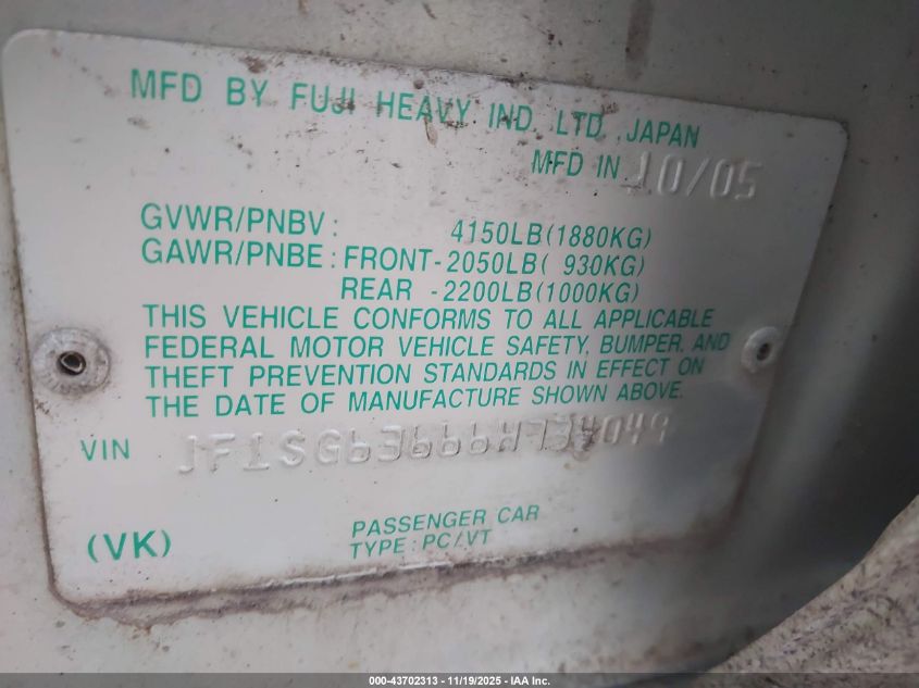 2006 Subaru Forester 2.5X VIN: JF1SG63666H734049 Lot: 43702313