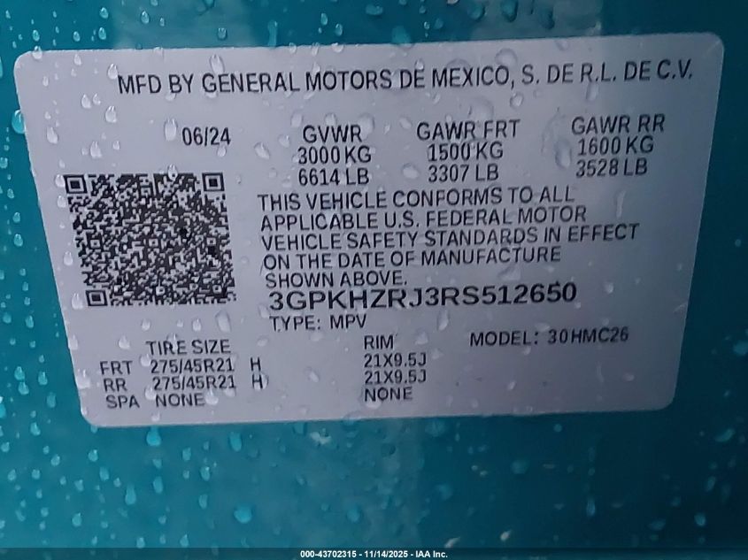 2024 Honda Prologue Elite VIN: 3GPKHZRJ3RS512650 Lot: 43702315