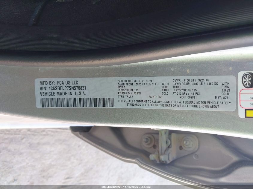 2025 Ram 1500 Rebel 4X4 5'7 Box VIN: 1C6SRFLP7SN576837 Lot: 43702322
