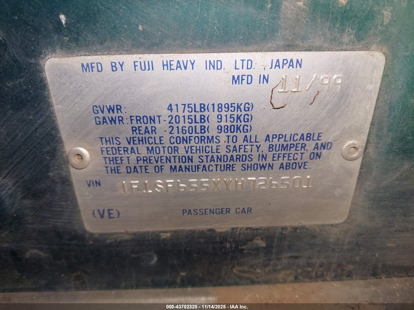 2000 Subaru Forester S VIN: JF1SF655XYH726501 Lot: 43702325