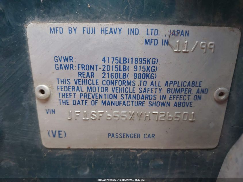 2000 Subaru Forester S VIN: JF1SF655XYH726501 Lot: 43702325