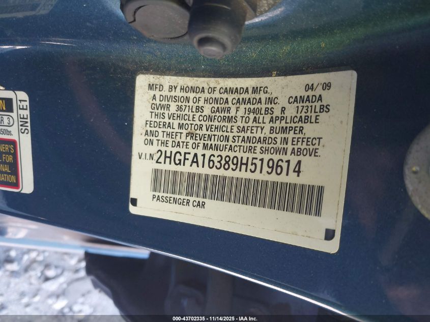 2009 Honda Civic Vp VIN: 2HGFA16389H519614 Lot: 43702335