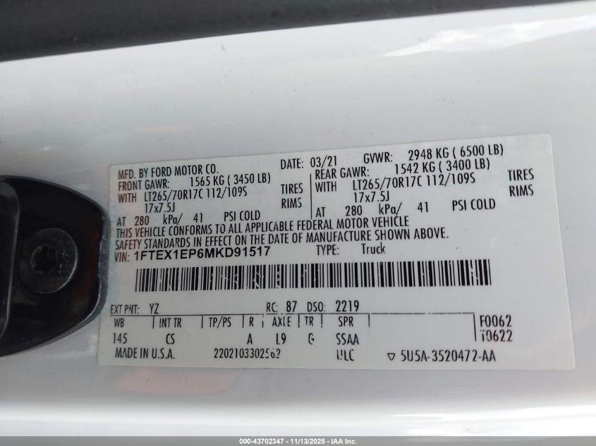 2021 Ford F-150 Xl VIN: 1FTEX1EP6MKD91517 Lot: 43702347