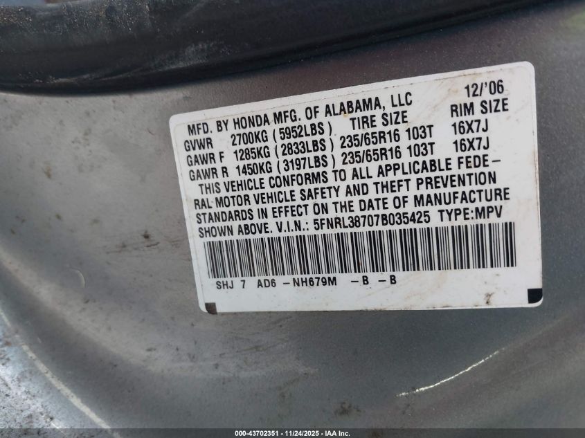 2007 Honda Odyssey Ex-L VIN: 5FNRL38707B035425 Lot: 43702351