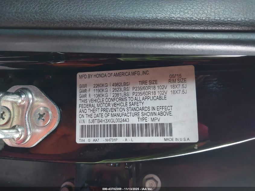 2016 Acura Rdx Acurawatch Plus Package VIN: 5J8TB4H3XGL002443 Lot: 43702359