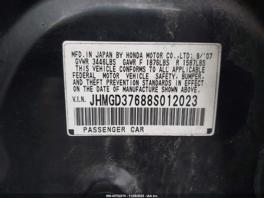 2008 Honda Fit Sport VIN: JHMGD37688S012023 Lot: 43702370